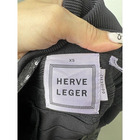 Herve Leger Long Sleeve Sequin Bandage Dress Size XS Candice Off Shoulder Gray - Picture 5 of 12